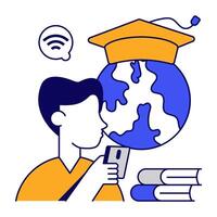 Globe with mortarboard, flat of global learning vector