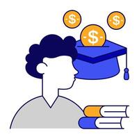 Mortarboard with books and dollar sack, flat design of educational grant vector