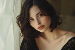 A beautiful young woman with brown eyes and a black lace top photo