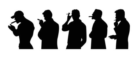 Black silhouette of a man with cigarette in various poses vector