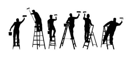 Silhouette of painter with ladder in action vector