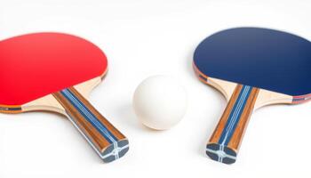 A pair of table tennis paddles and a ball rest on a white background, ready for an exciting game of ping pong. photo