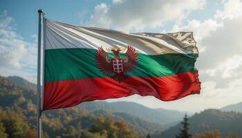 The flag of Bulgaria flutters against a scenic background, featuring its green, white, and red colors with the national coat of arms, symbolizing national pride. photo