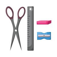 illustration set of ruler, stationery scissors, eraser and pencil sharpener. Elements of tools for the artist. vector