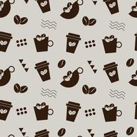 Seamless abstract coffee pattern with coffee cups and coffee beans. Packaging concept. vector