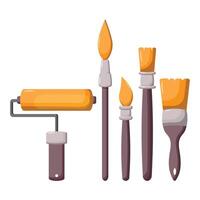 illustration of a set of wooden brushes and an artist's roller of different sizes. Elements of drawing tools. vector