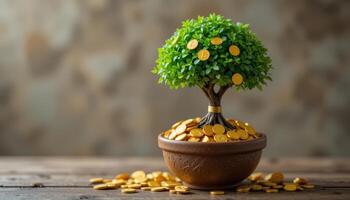 A small tree with lush green leaves grows from a pot filled with gold coins, representing wealth, prosperity, and financial growth. photo