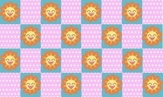 a pattern composed of orange flower face smile with tartan pastel and dot background , design for fabric or various pattern printing works. vector