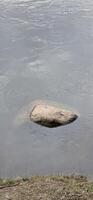A solitary boulder partially submerged in calm water, showcasing natural rock formations and the beauty of a serene aquatic landscape. photo