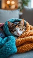 A calico cat is sleeping soundly, wrapped in a colorful knitted blanket on a couch. The cozy setting conveys warmth and comfort, emphasizing relaxation. photo