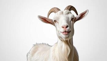 A friendly white goat with a bright expression looks at the camera, showcasing its charm and inviting nature, suitable for farm-related marketing or educational content photo