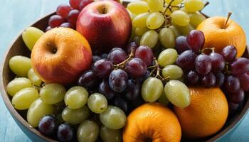 A bowl filled with a mix of apples, oranges, and grapes, highlighting a variety of fresh, nutritious fruits ready for consumption. photo