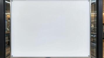 A blank whiteboard mounted on a wall, serving as a space for notes, reminders, or brainstorming in a professional or educational environment. photo