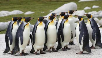 A group of king penguins gathering, showcasing their social behavior in a natural setting, highlighting their community dynamics. photo