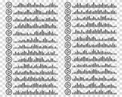 Audio wave set with podcast sound symbols and EQ graphics. Voice message icons used in music streaming apps or digital communication systems vector