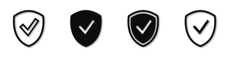 Shield icon set with check mark, tick, and cross symbols. Secure approve and reject signs for interface, app, or web. Protection and validation icons for safe user experience and data security. vector