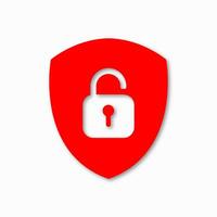 Protection shield symbol with unlocked padlock. Security access concept showing privacy unlock, login permission, safe interface and data management. Password and control icon. vector