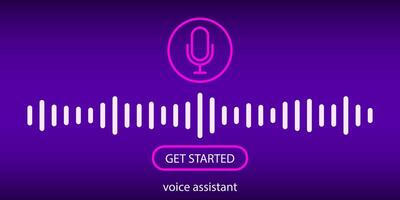 Modern voice control assistant with neural wave design and mic symbol. Represents interaction with artificial intelligence, smart voice command system and start button communication UI. vector