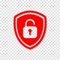 Open padlock inside security shield icon. Symbol of data access, password unlock, privacy settings and cyber protection. Safety interface concept with unlocked lock and defense sign. vector