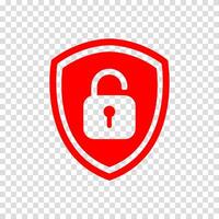 Unlocked padlock emblem on protective shield. Security system icon for access control, password recovery, open privacy settings and cyber defense. Safety sign for interface design. vector