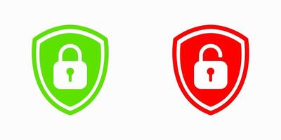 Set of shield padlock icons including both lock and unlock symbols. Great for illustrating security levels, user access, data safety, and privacy in web, app, and digital designs. vector