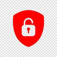 Unlock sign with open padlock inside shield. Symbol of digital access, login approval, data settings and cyber safety. Icon for authentication, identity control and password management. vector