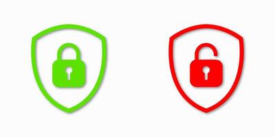 Minimalist shield padlock icons representing locked and unlocked states. Ideal for digital platforms, permission systems, secure access, authentication pages, and online identity verification. vector