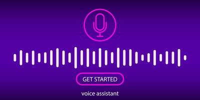 Voice assistant interface with sound wave and microphone icon. Concept of smart communication with artificial intelligence. Neural network system for voice control, start button design. vector