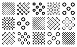 Collection of modern black and white seamless patterns with geometric circles and ring shapes in grid style. Ideal for backgrounds, fabrics, wallpapers, wrapping, and digital design use. vector
