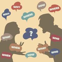 Illustration with who what where when why questions in colorful speech bubbles. Man and woman in active discussion. Communication, argument, brainstorming, team talk, chat icons, thinking process. vector