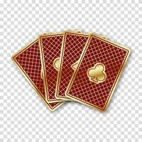 Realistic four poker cards arranged in a neat layout. Backside features elegant red and gold design. Perfect for casino themes, card games, or gambling illustrations in modern style. vector