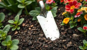 A garden trowel resting in the rich soil among colorful flowers, symbolizing gardening and cultivation. photo