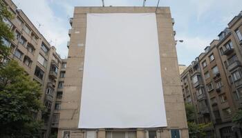 A blank white banner stretches across a building's facade in an urban setting, ideal for advertising or promotional displays, waiting for creative artwork. photo