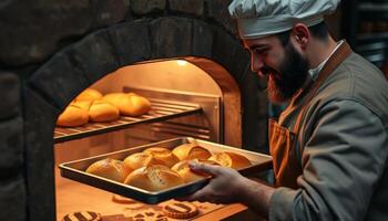 A baker wearing a chef's hat is pulling freshly baked bread from the oven, showcasing the artistry and warmth of bread making. photo