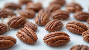 Close-up of pecan nuts arranged together, emphasizing texture and color, ideal for culinary uses, healthy snacking, or nutrition themes. photo