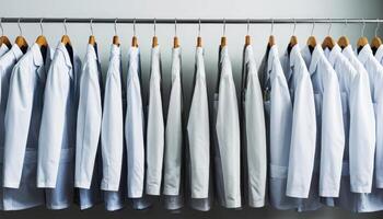 A rack showcasing neatly arranged light blue lab coats, representing a professional attire option for healthcare and laboratory environments photo