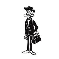 Old-fashioned man in hat with suitcase, silhouette monochrome vector