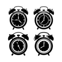 This is a black alarm clock, a illustration of a classic time object with a ringing bell, perfect as a retro reminder icon vector