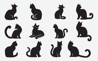 Twelve Silhouettes of Elegant Black Cats in Various Poses A Collection of Graphics for Design Projects vector