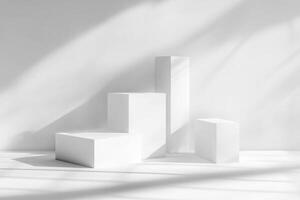 Serene white cubes bathed in sunlight, a minimalist display of elegant simplicity and shadow play. photo