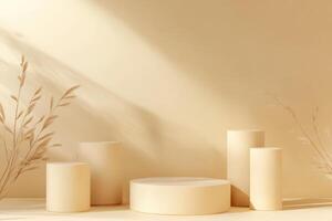 Serene beige minimalist display with sunlit pampas grass and cylindrical platforms creating a calming, peaceful atmosphere photo
