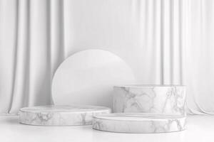 Elegant white marble podiums display against a soft, flowing white curtain backdrop, creating a serene and sophisticated minimalist scene. photo
