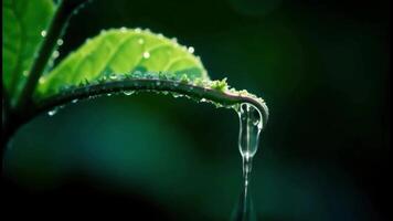 Close-up of a water droplet falling from a vibrant green leaf, creating a mesmerizing display of nature's beauty video