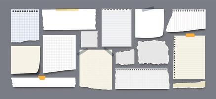 Paper notes and blank. Torn stickers, ripped paper pieces. Attached tape, gridded note sheets, sticky notebook piece for text. Craft scrapbooking. message board vector