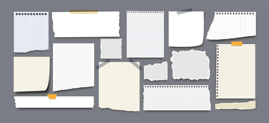 Paper notes and blank. Torn stickers, ripped paper pieces. Attached tape, gridded note sheets, sticky notebook piece for text. Craft scrapbooking. message board
