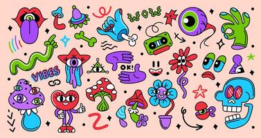 Psychedelic stickers. Abstract cartoon surreal characters and elements. Funky emoji, hallucination mushrooms, weird eyes and hands, heart, flowers. Groovy collection vector