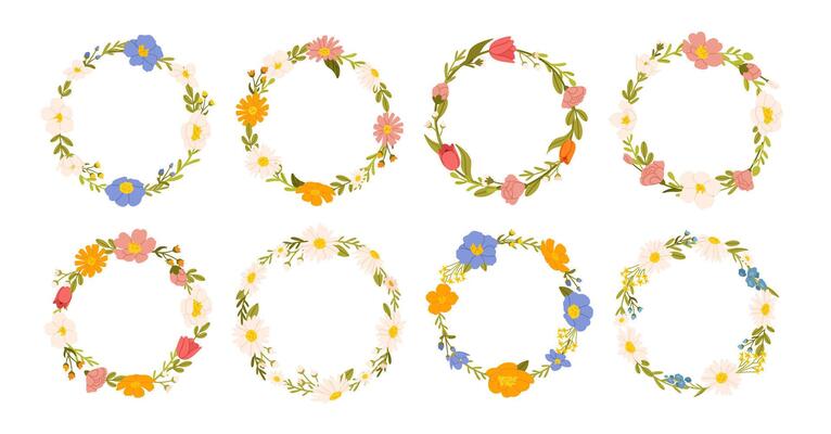 Flower wreath. Circle floral frame. Decorative botanical round circles with various flowers, leaves, branches. Spring botanical elements. Rose, daisy, peonies blooms. set