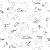 Paper plane seamless pattern. Background with origami airplanes. Paper planes fly in different directions with routes. Abstract texture with kids transport toy. print vector