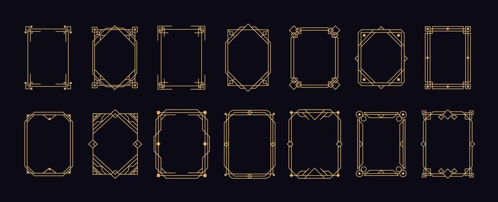 Art Deco golden frame. Vintage line ornaments border. Decorative geometric outline element. Retro 1930s minimalist frames for wedding invitations, certificates. collection