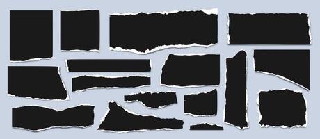 Ripped paper sheet. Black torn paper pieces. Collage blank, sharped torned notebook effect. Strip texture edge. Decorative note rough, jagged rips tape for text. set vector